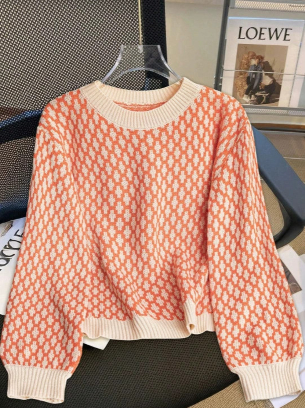 ZARA Oversized Plaid French Contrast Color Relaxed Long Knit Pullover